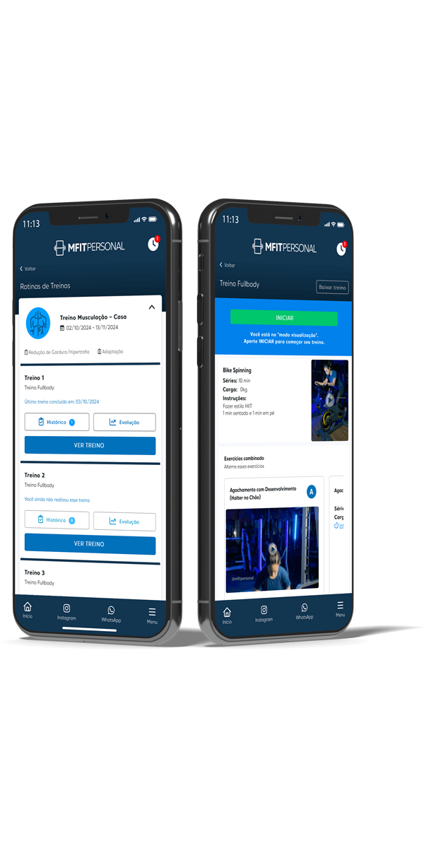 Interface do aplicativo MFit mostrando treinos personalizados e acompanhamento profissional